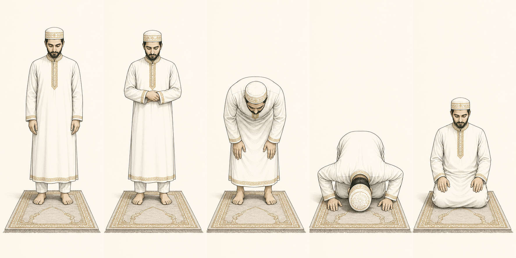 Niyet, kıyam, rükû, secde ve oturuş namaz hareketleri